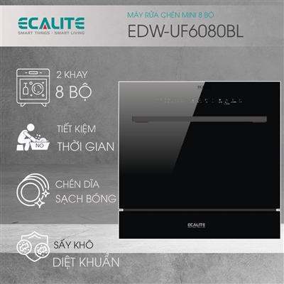 Máy rửa chén 8 bộ Ecalite EDW-UF6080BL kính đen - Sấy khí nóng