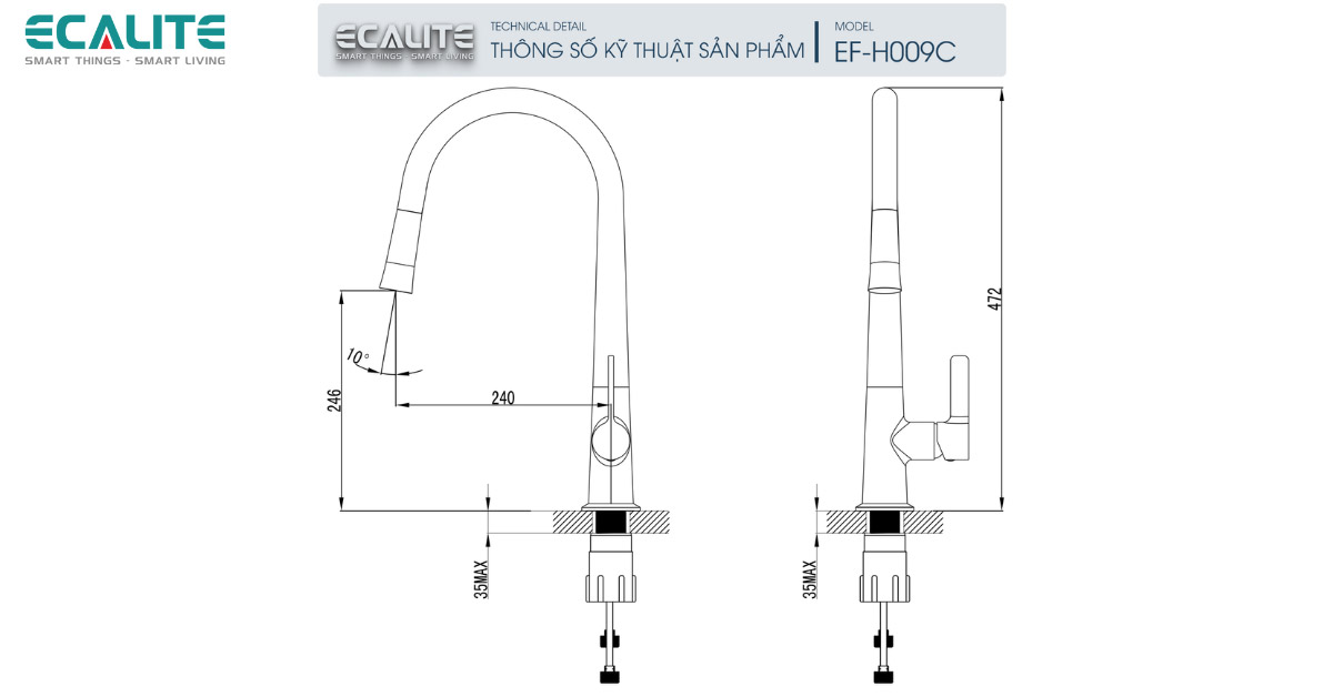 Thông số kỹ thuật của vòi rửa chén Ecalite EF-H009C