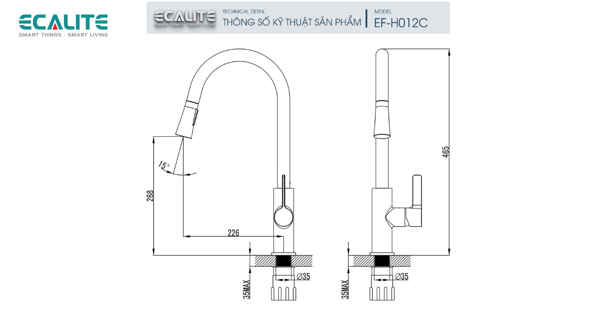 Thông số kỹ thuật của vòi rửa chén Ecalite EF-H012C